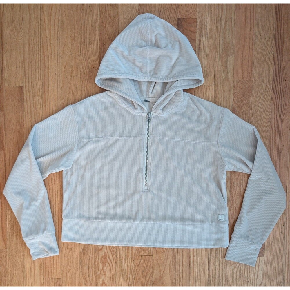 VUORI Haven Half Zip Up Pullover Hoodie Ribbed Tan Cropped Womens Small Beige